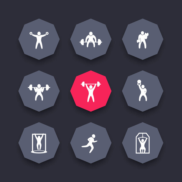 Gym, fitness exercises octagon icons set, strength training, workout icon, vector illustration