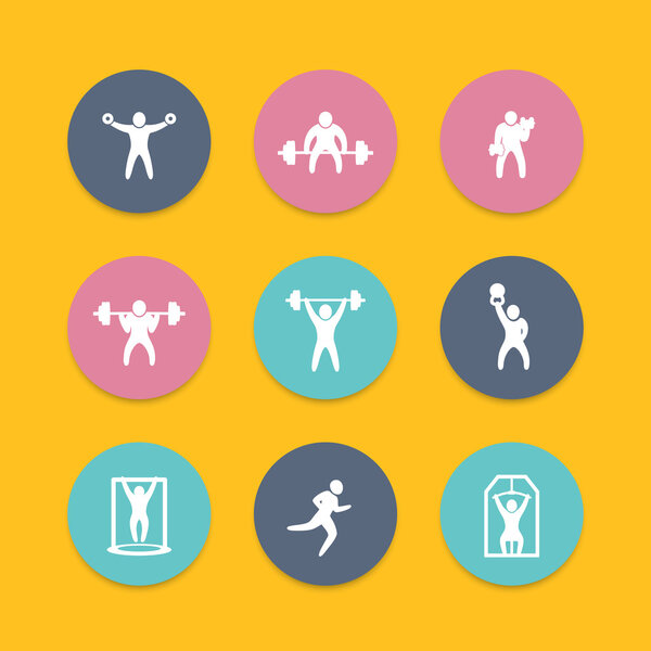 Gym, fitness exercises, training, round icons set, vector illustration