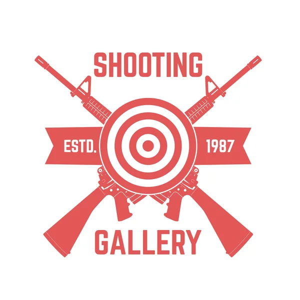 Logo Shooting Gallery con fucili d'assalto incrociati isolati su bianco, illustrazione vettoriale — Vettoriale Stock