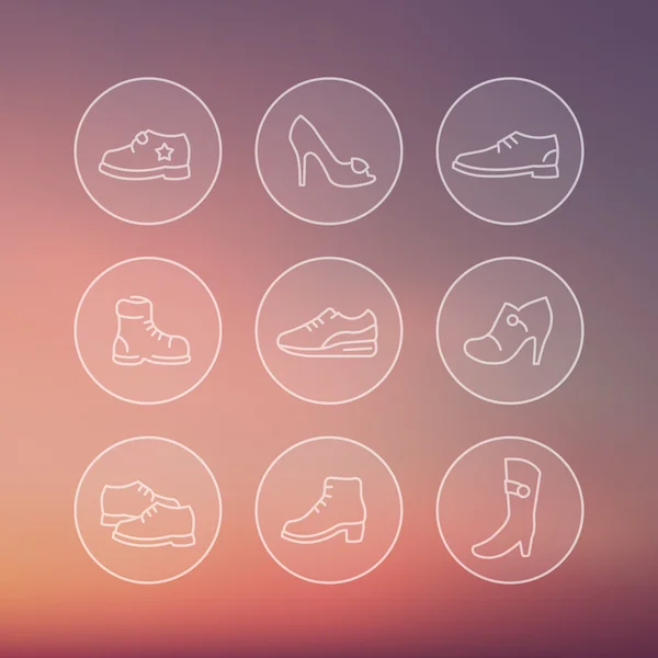 Shoes, heels, women shoes, boots, trainers, child shoes line icons in transparent circles, vector illustration — 스톡 벡터