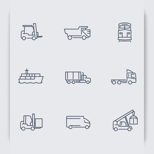 Transportation thin line icons, Forklift, Cargo ship, Freight train, Cargo truck, vector illustration — Stockvector