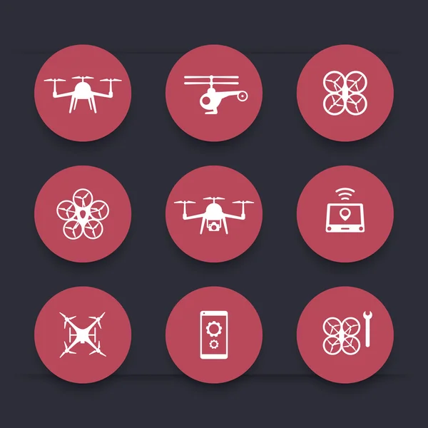 Drone, helicóptero, quadrocopter redondo iconos rojos, ilustración vectorial — Vector de stock