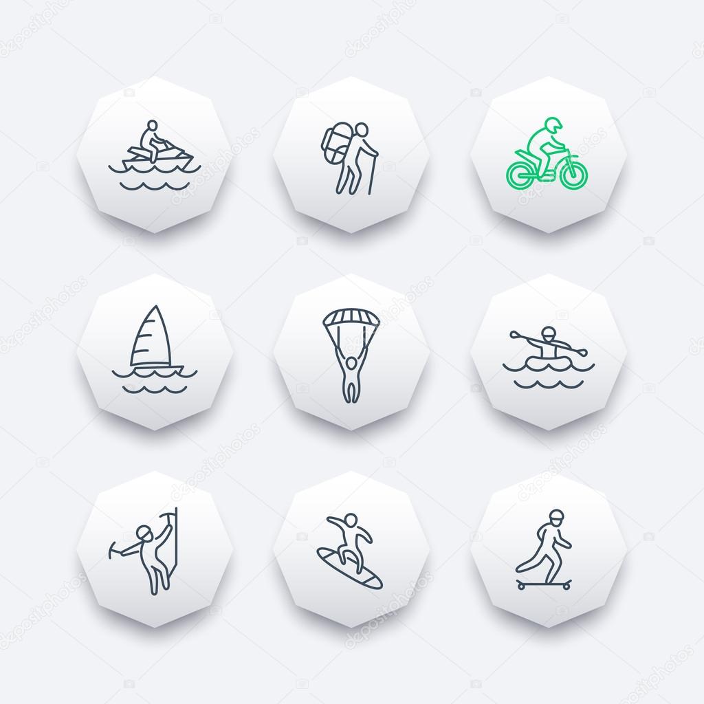 extreme outdoor activities line octagon icons, vector illustration