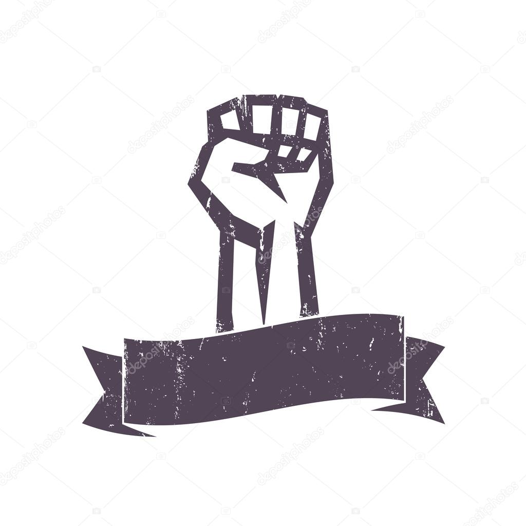 fist held high in protest with ribbon, grunge design template, vector illustration