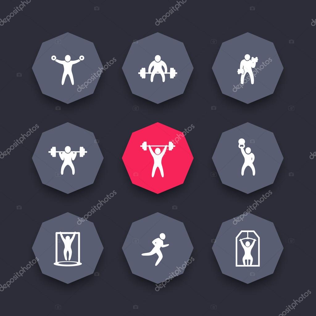 Gym, fitness exercises octagon icons set, strength training, workout icon, vector illustration
