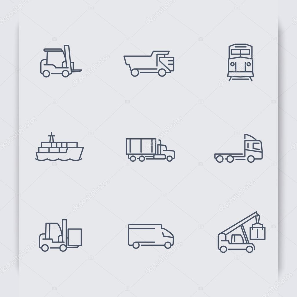 Transportation thin line icons, Forklift, Cargo ship, Freight train, Cargo truck, vector illustration
