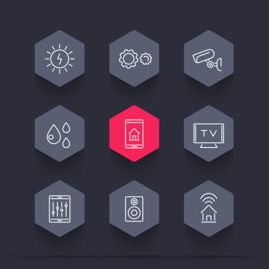 Smart House, internet of things, line hexagon icons set, vector illustration