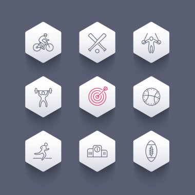 different kind of sports, line icons on hexagon shapes, cycling, gymnastic, archery, football, baseball icon, vector illustration