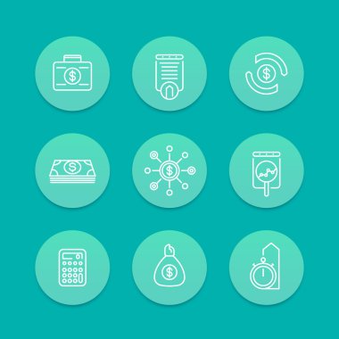finance, investments, investment analysis line icons, aquamarine set, vector illustration