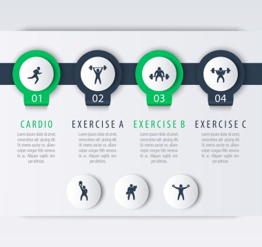 Gym training, workout, 4 steps infographic elements, with fitness exercise icons, vector illustration