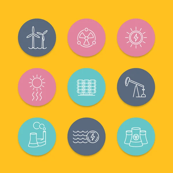 Power, energy production, energetics, nuclear energy line round color icons, vector illustration — 图库矢量图片