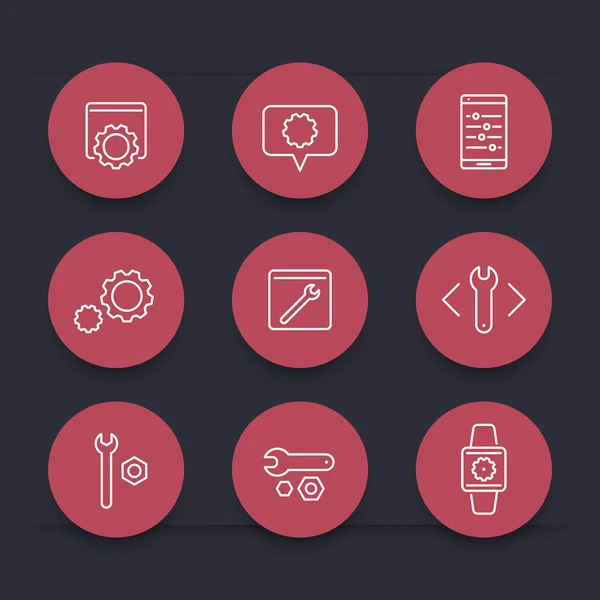 Paramètres, outils, lignes de développement rondes icônes rouges, illustration vectorielle — Image vectorielle
