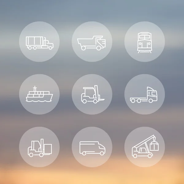 Transport, Linie transparente runde Symbole, Gabelstapler, Frachtschiff, Güterzug, Transportarten, Transportmittel, Vektor — Stockvektor