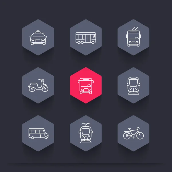 Transporte urbano, tranvía, tren, autobús, bicicleta, taxi, trolebús, iconos hexágono línea, vector de ilustración — Vector de stock