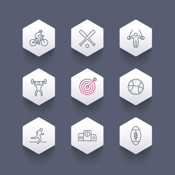 Diferentes tipos de esportes, ícones de linha em formas de hexágono, ciclismo, ginástica, tiro com arco, futebol, ícone de beisebol, ilustração vetorial — Vetor de Stock