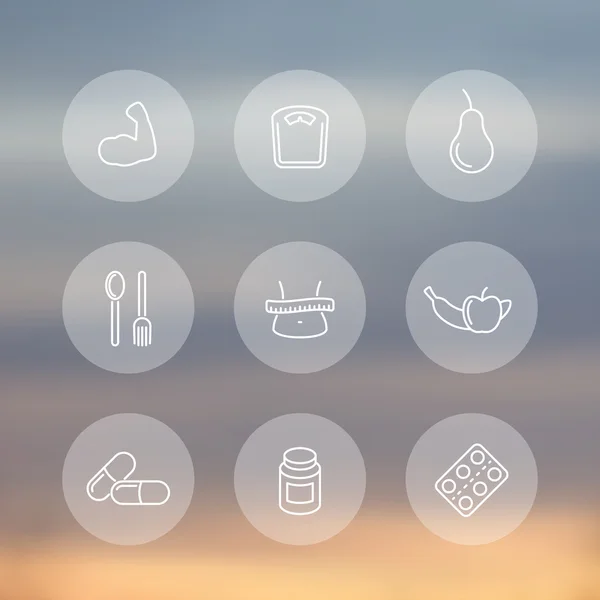 Diet, nutrition, fat loss transparent round icons set, vector illustration — 图库矢量图片