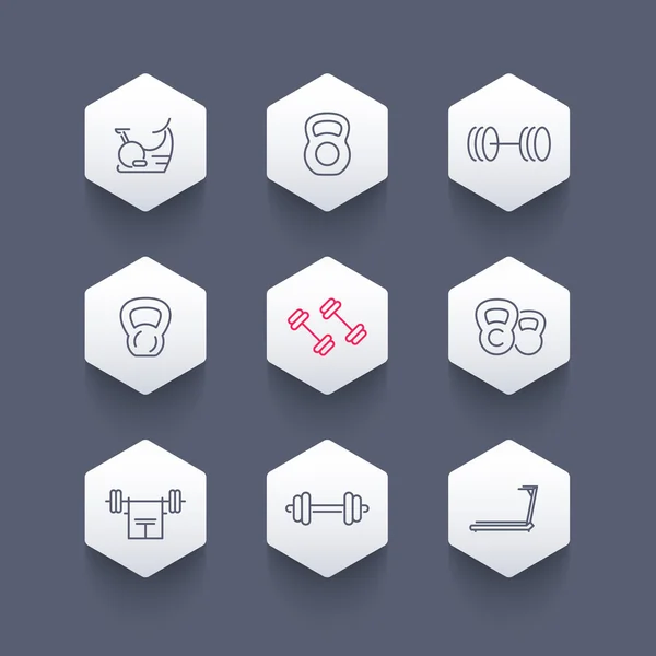Icone della linea di attrezzature da palestra su forme esagonali, allenamento, icona di allenamento, illustrazione vettoriale — Vettoriale Stock