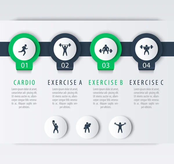 Treinamento de ginástica, treino, 4 passos elementos infográficos, com ícones de exercícios de fitness, ilustração vetorial — Vetor de Stock