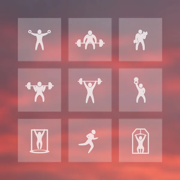 Gimnasio, ejercicios de fitness, iconos de entrenamiento en cuadrados transparentes, ilustración vectorial — Vector de stock