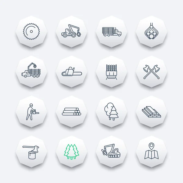 Logging, sawmill, forestry equipment line octagon icons, logging truck, tree harvester, timber, lumberjack, wood, lumber, vector — 스톡 벡터