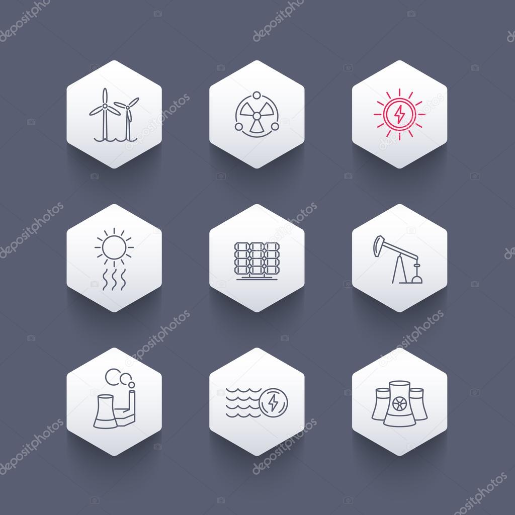 Power, energy production, energetics, nuclear energy line hexagon icons, vector illustration
