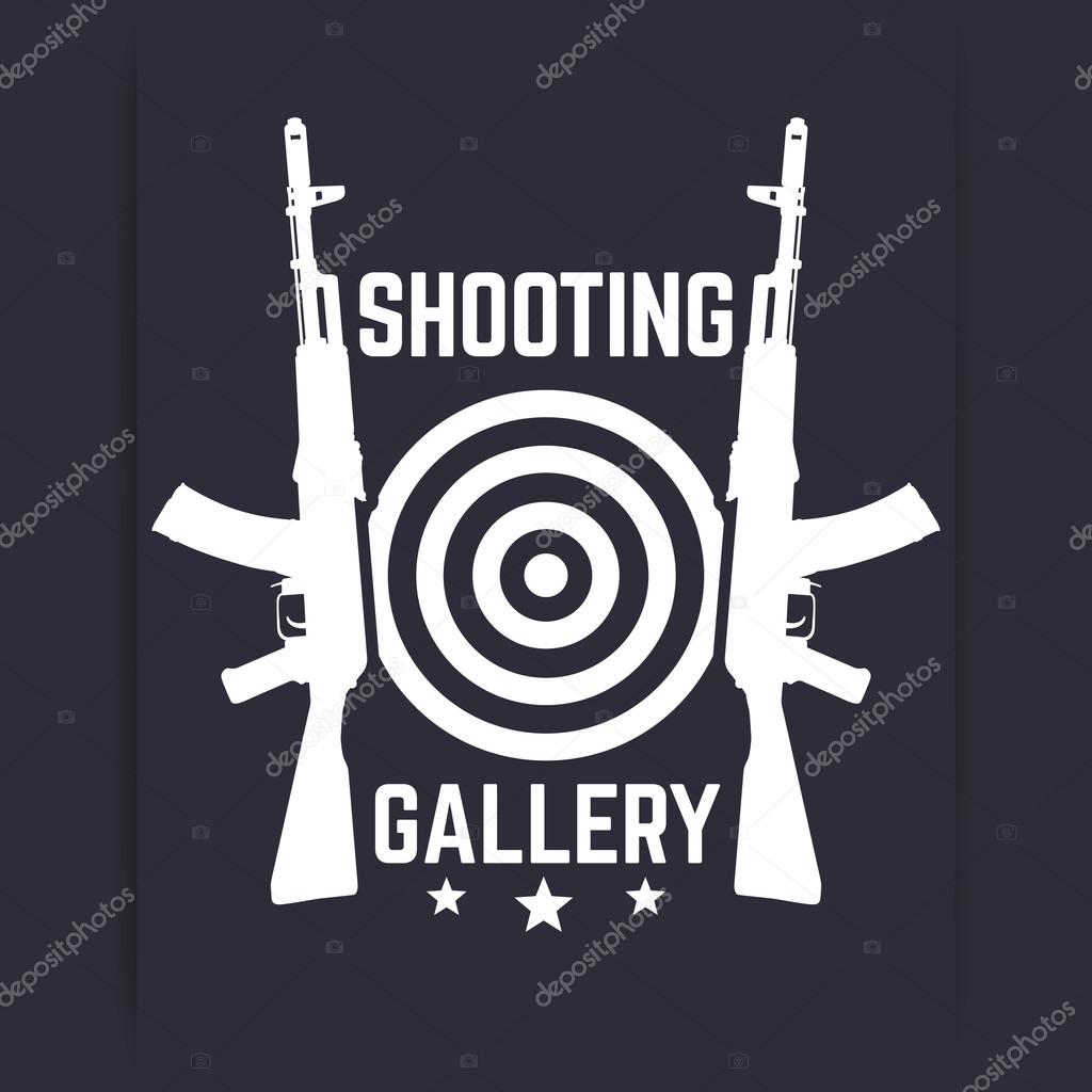 Shooting Gallery logo, sign, emblem with assault rifles, soviet automatic guns, vector illustration