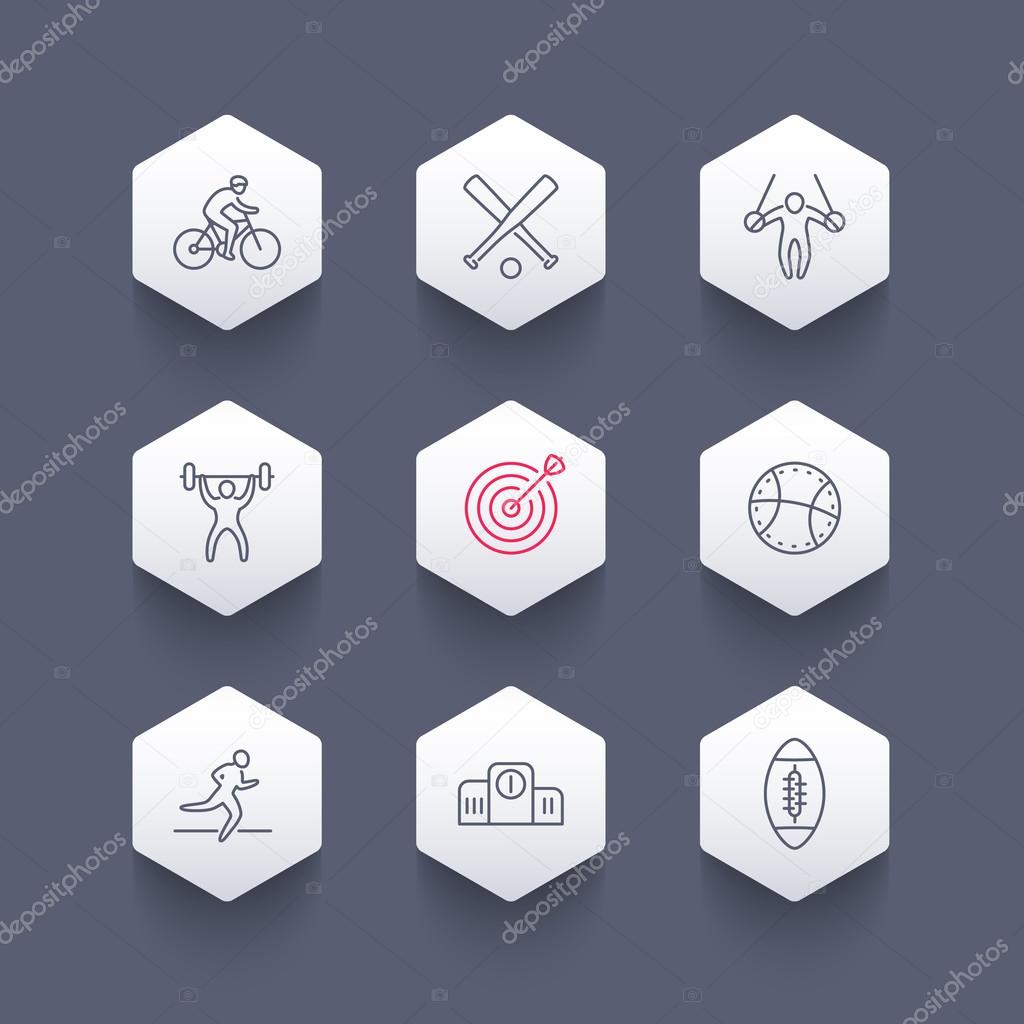 Different kind of sports, line icons on hexagon shapes, cycling, gymnastic, archery, football, baseball icon, vector illustration