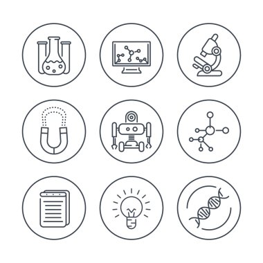 Science line icons in circles, research, laboratory, chemistry, physics, biology icon, vector illustration