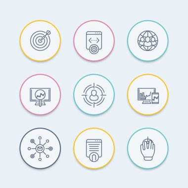 seo round thin line icons, search engine optimization, internet marketing, website indexing, seo tools icon, vector illustration