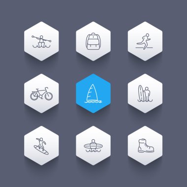 Travel, adventure, surfing, kayaking trip line icons, hexagon set, vector illustration