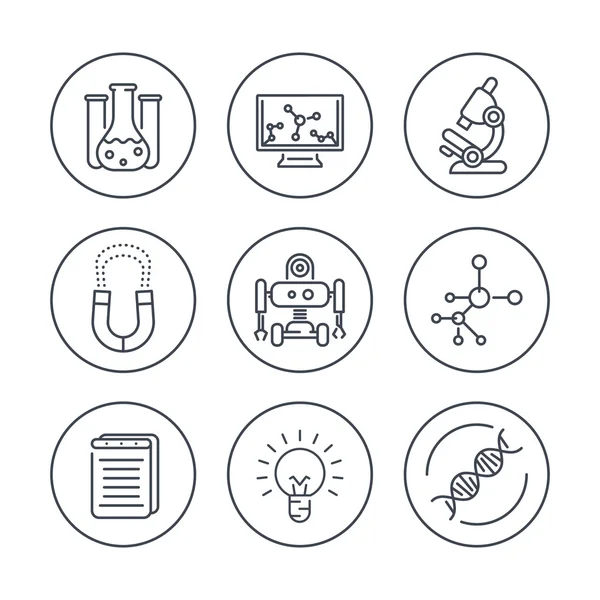 Iconos de línea de ciencia en círculos, investigación, laboratorio, química, física, icono de biología, ilustración vectorial — Vector de stock