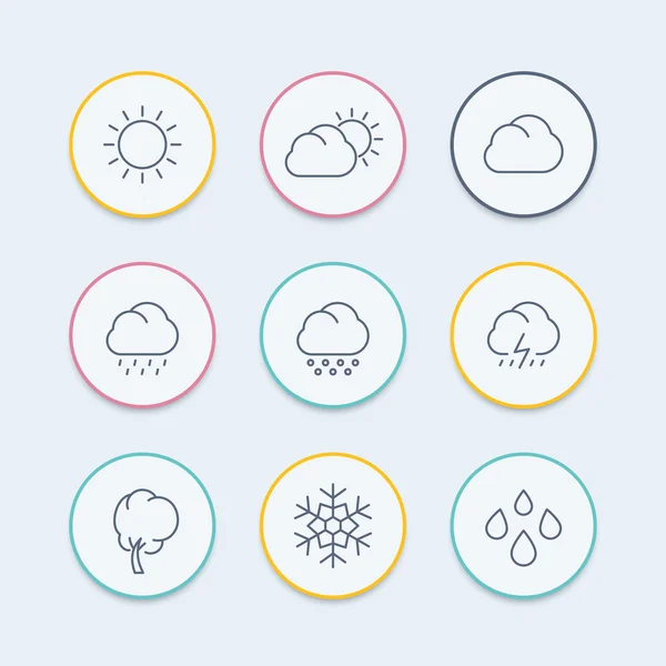 Weather, sunny, cloudy day, rain, hail, snow, round line icons, vector illustration — Stock Vector