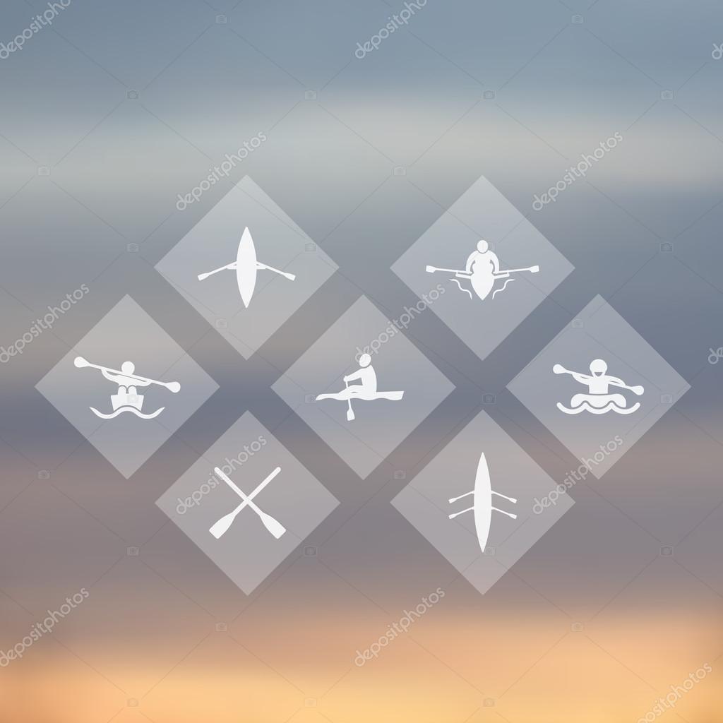 Rowing, kayak, canoe, rower, rafting, oars rhombic transparent icons, vector illustration