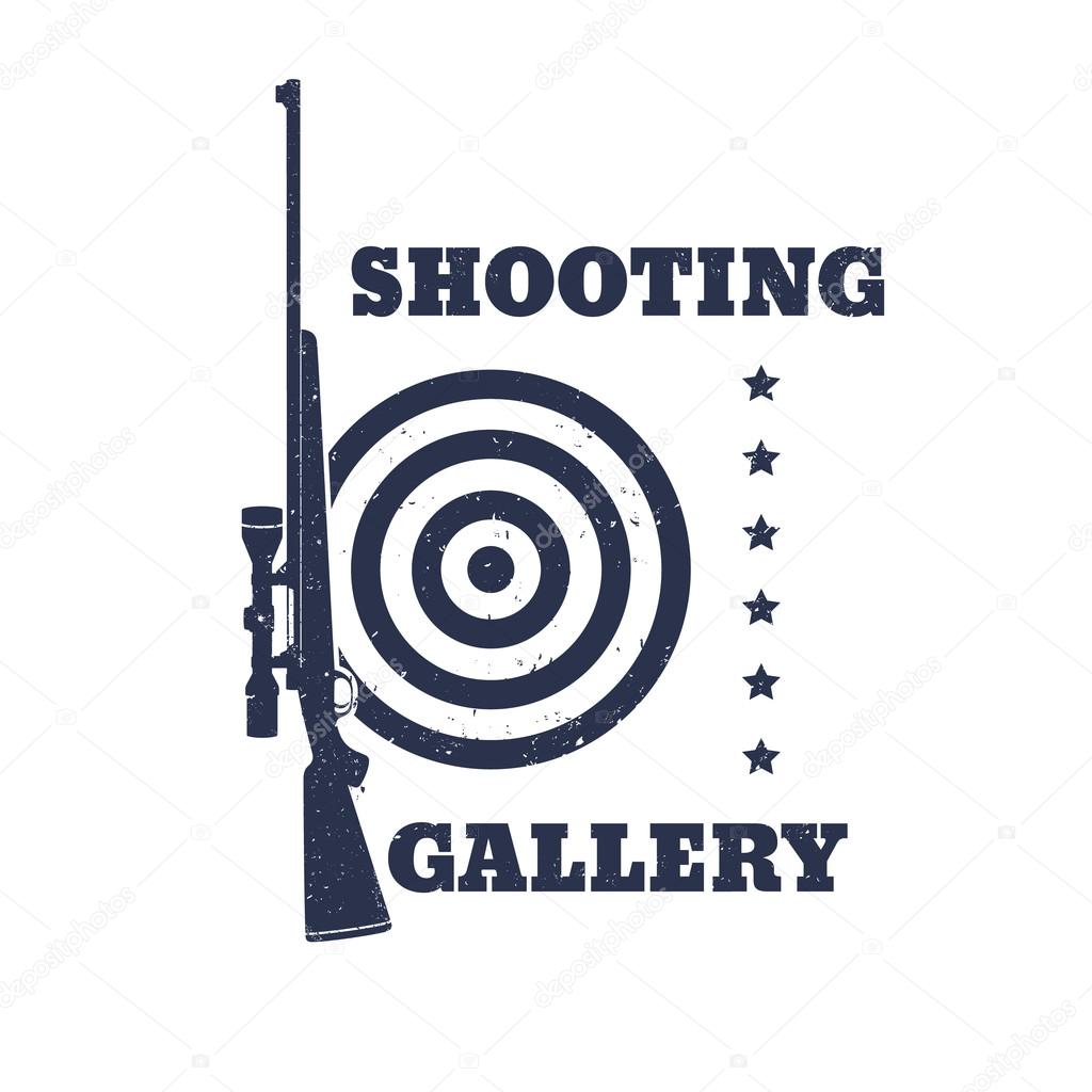 Shooting Gallery Grunge emblem, sign with rifle, isolated over white, vector illustration