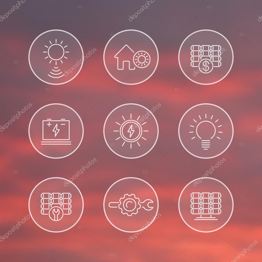 Iconos de línea de energía solar, energía solar, paneles, planta