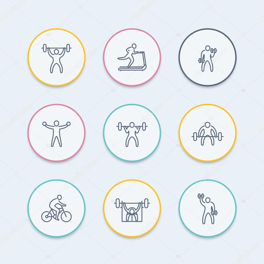 Gym icons, fitness exercises, training, workout round thin line icons, vector illustration