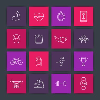 16 Sağlık, eğitim, spor salonu kare simgeler satır, illüstrasyon vektör