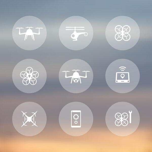 Drone, copter, quadrocopter round transparent icons, vector illustration