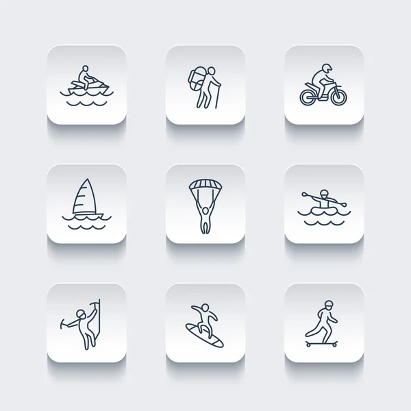 Extreme outdoor activities line rounded square icons, vector illustration — 图库矢量图片