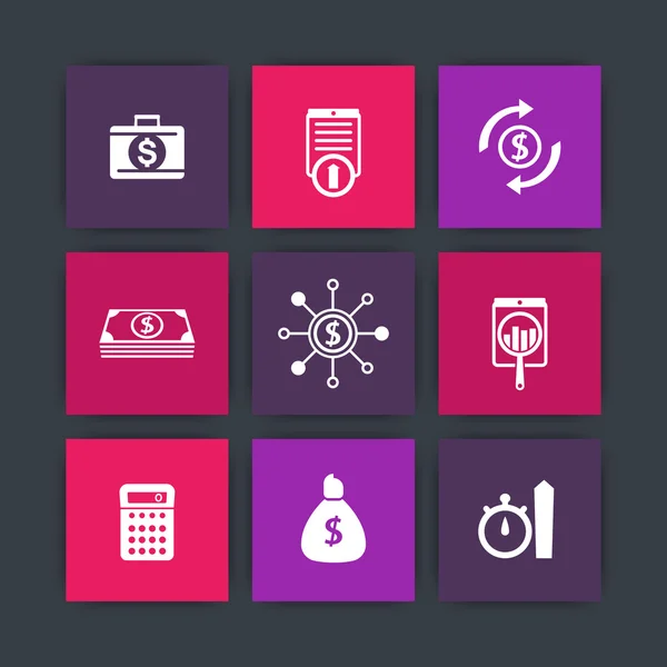 Finance, investments, capital icons on squares, vector illustration — Stockový vektor