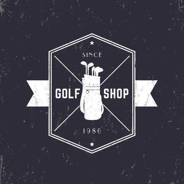 Golf Shop vintage grunge emblem, logo with golf bag and clubs, vector illustration — 스톡 벡터