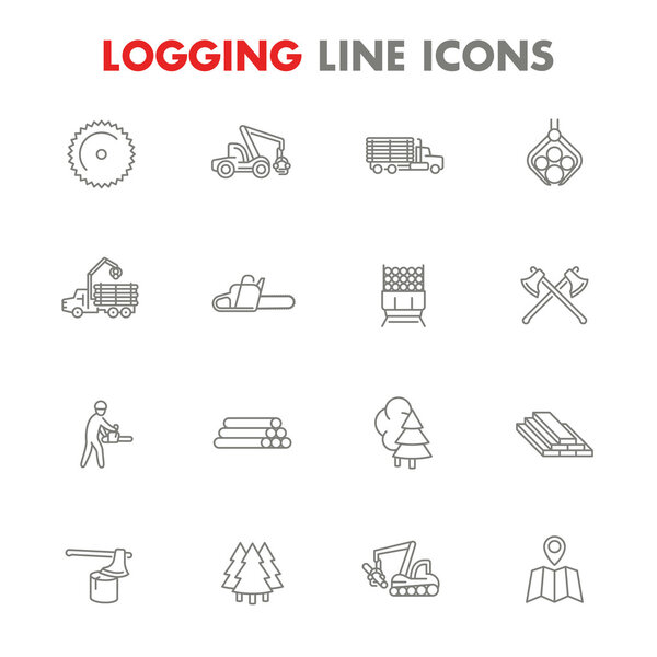 Logging line icons isolated over white, sawmill, forestry equipment, logging truck, tree harvester, timber, lumberjack, wood, lumber, 