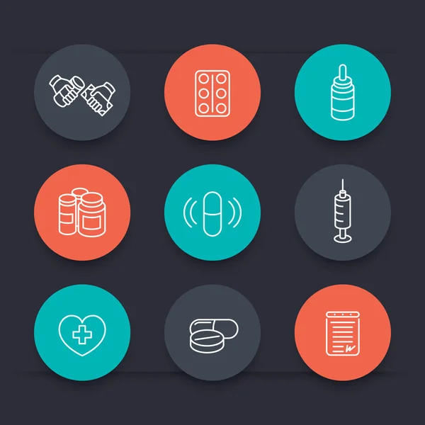 Medicine, drugs, pills, pharmaceutics, prescription line round icons, vector illustration — Stock vektor