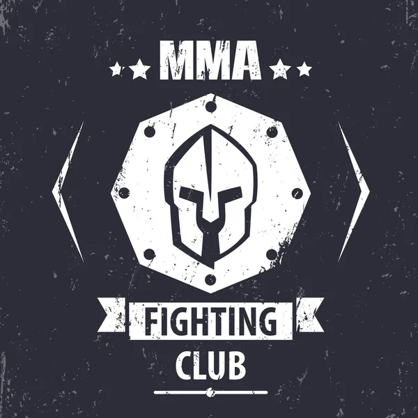 MMA Fighting Club grunge emblem with spartan helmet, t-shirt print, vector illustration — ストックベクタ