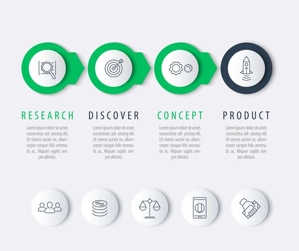 Product development, infographic elements, step labels, round line icons, vector illustration — ストックベクタ