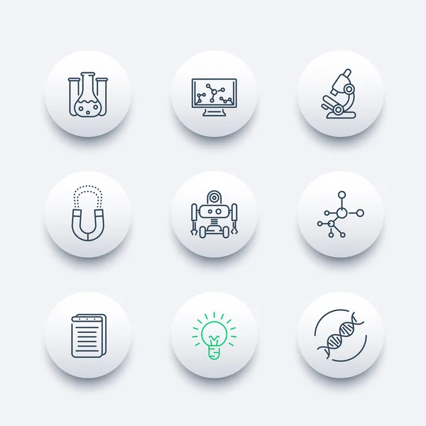 Science line round modern icons, laboratory, chemistry, physics, biology, research icon, vector illustration — ストックベクタ