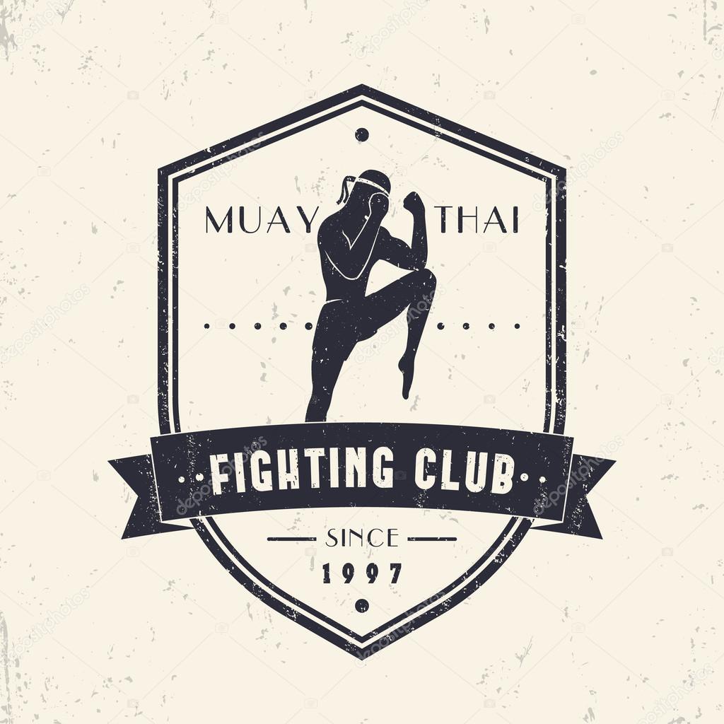 Muay Thai Fighting Club vintage emblem on shield, logo, t-shirt design, vector illustration