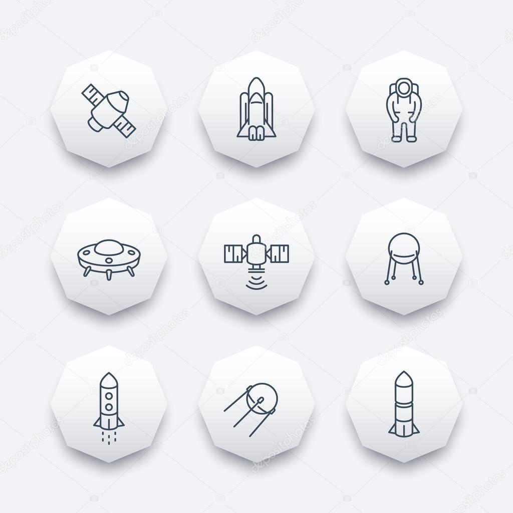 space line octagon icons, satellite, astronaut, rocket, space shuttle, spaceship icon, vector illustration