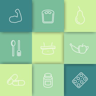 Diet, nutrition, fat loss line icons on squares, vector illustration