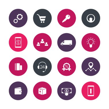 E-commerce, online store, shop, website, round icons over white, vector illustration